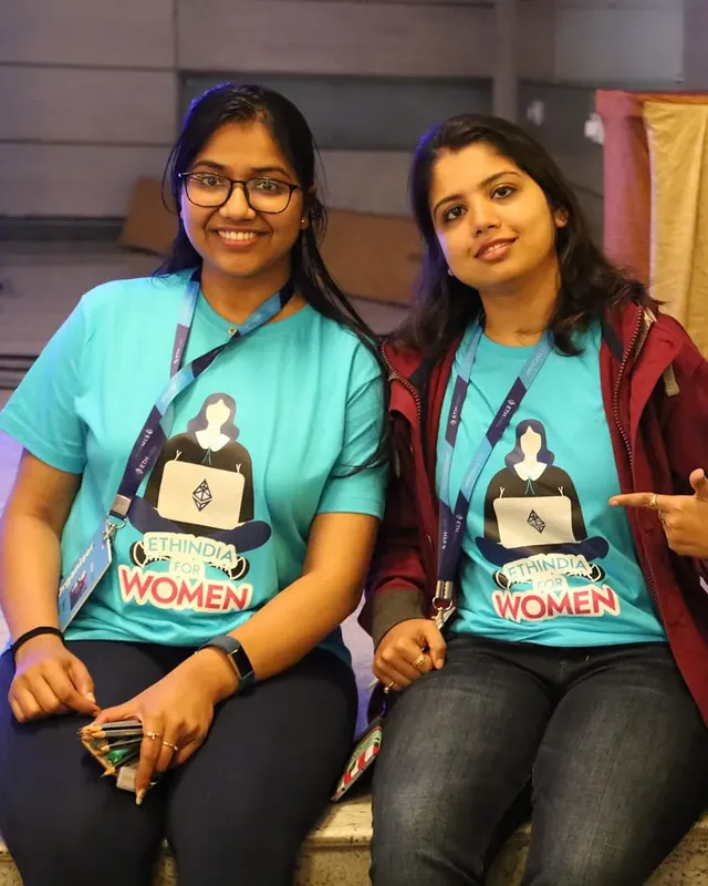 Three participants in ETHIndia4Women T-shirts, ETHIndia 2018