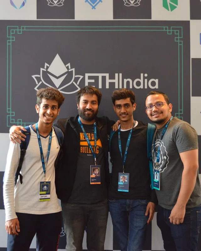 Sowmay and Samyak Jain, founders of InstaDapp, with Devfolio founder Shakti and Polygon founder Sandeep, ETHIndia 2018