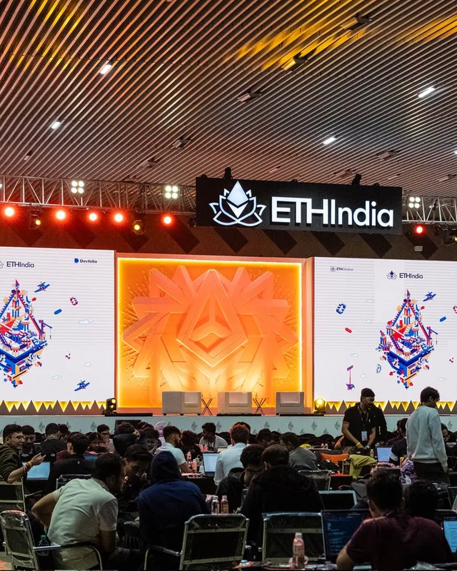 The packed ETHIndia 2023 main hall facing the stage
